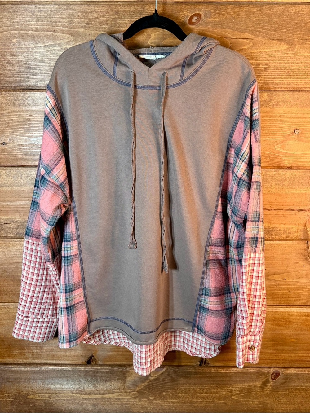 easel Taupe Pullover Hoodie with Pink Plaid and Gingham Accents Size Small 💕